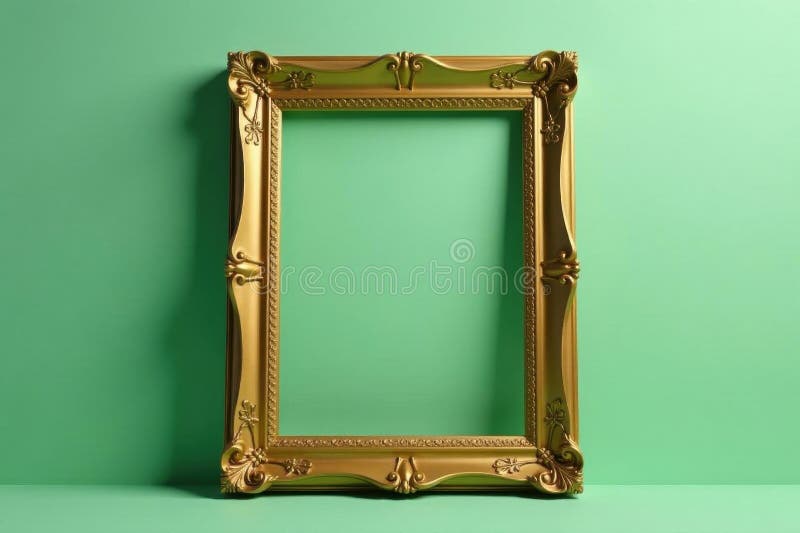 Ornate gold picture frame, empty, against a muted green backdrop , details, frame background, background image royalty free illustration
