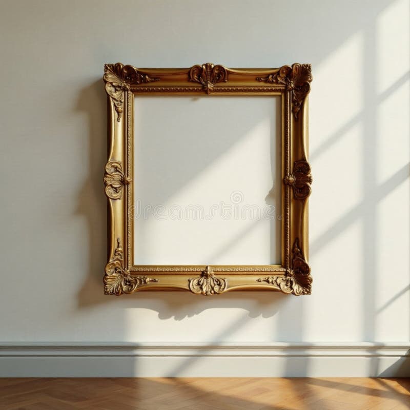 Ornate golden frame on museum wall, art unseen , aesthetic, display, antique royalty free illustration