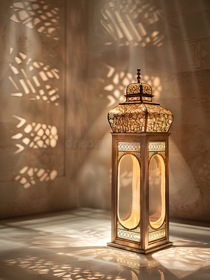 Ornate golden lantern casting intricate shadows on beige wall royalty free stock images