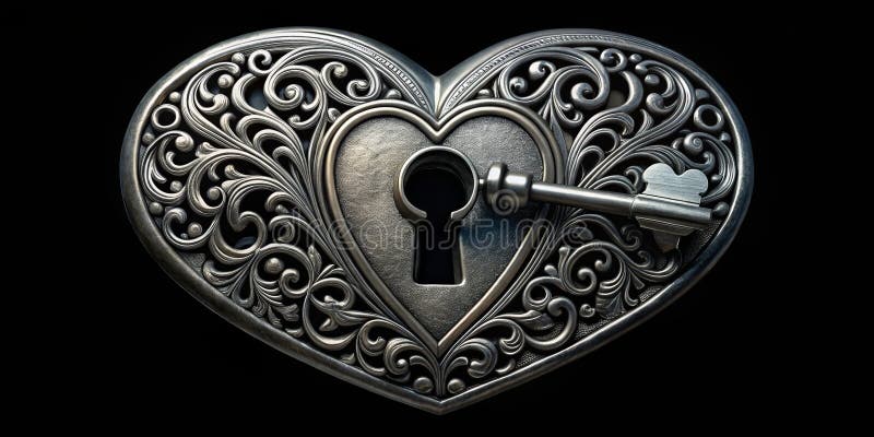 Ornate heart-shaped lock with intricate keyhole and matching key. A carefully balanced composition with refined visual elements. Generative AI. Key generative illustrations