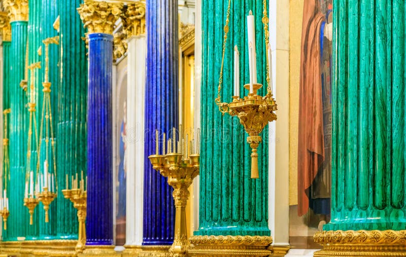 Ornate interior, malachite and lapis columns in the Saint Isaac's Russian Orthodox Cathedral in Saint Petersburg, Russia royalty free stock photography Ornate interior, malachite and lapis columns in the Saint Isaac's Russian Orthodox Cathedral in Saint Petersburg, Russia royalty free stock photography