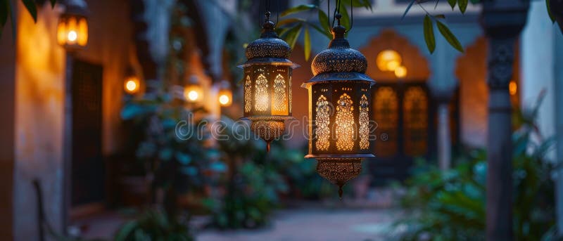 Ornate lanterns dangle, casting an ambient glow in an Arabesque courtyard, enhancing the intricate architectural details at dusk.