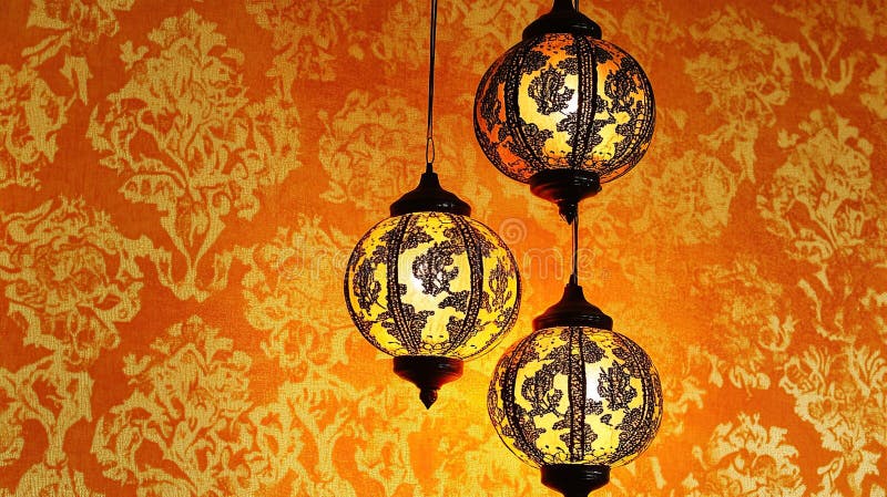 Ornate lanterns hanging, orange damask wall, interior design stock photo