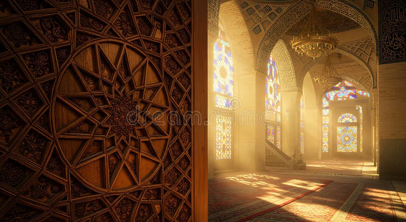 Ornate Mosque Interior: Sunlit Architectural Masterpiece with Intricate Wood Carving royalty free illustration