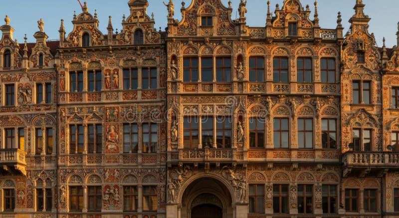 Ornate Multicolored Building Facce all'ora d'oro illustrazione di stock