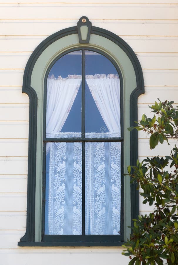 Ornate Old Window, Lace Curtains Stock Image Image of building
