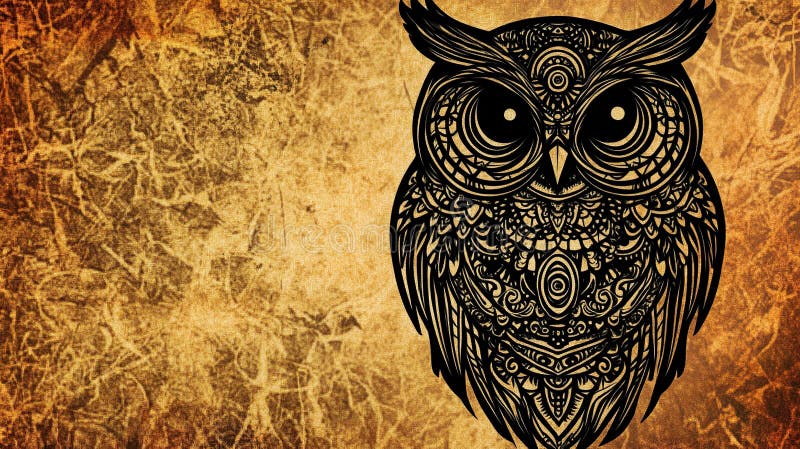 Ornate owl on parchment; mystical, ancient background; design element stock images