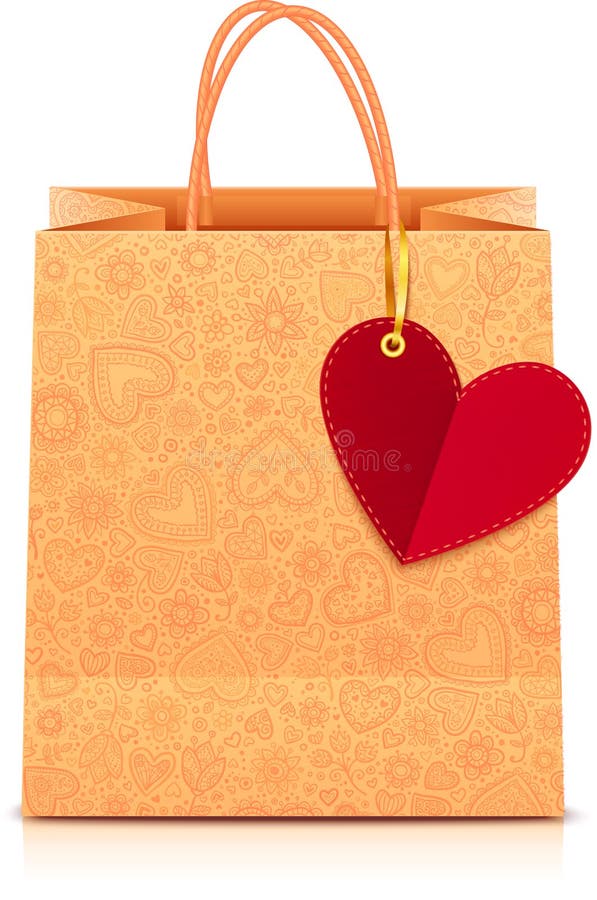 Ornate Paper Shopping Bag with Heart Label Stock Vector Illustration