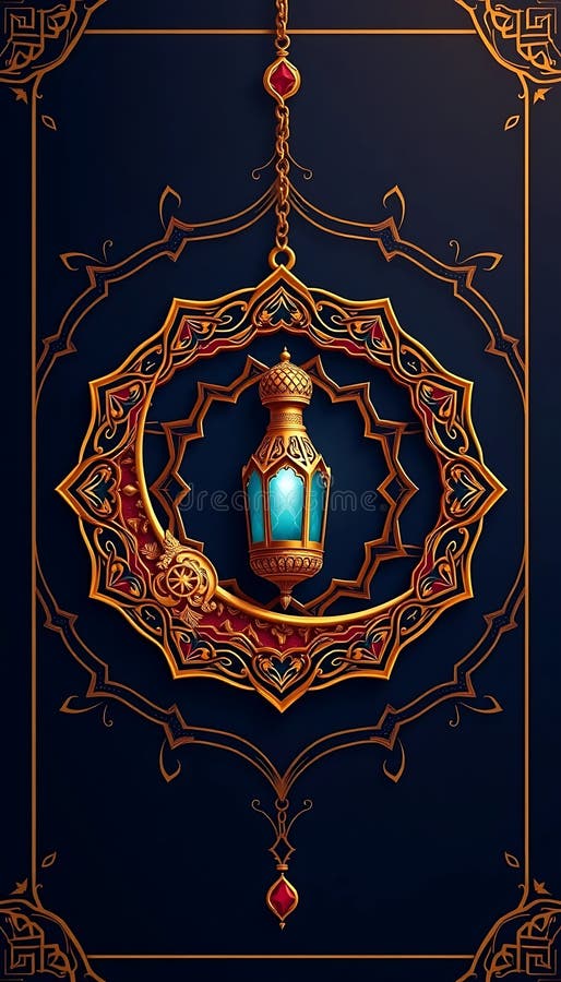 Ornate Ramadan Lantern Agățat cu Gold Details și Blue Light royalty free illustration