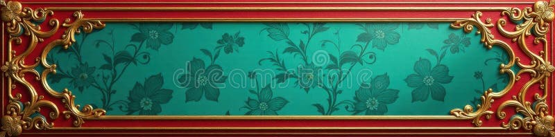 Ornate red gold frame on teal floral wallpaper Ample copy space , product display, antique frame stock illustration