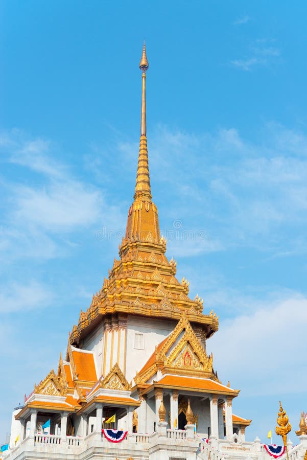 Ornate Roof and Spire of Wat Traimit in Bangkok, Thailand
