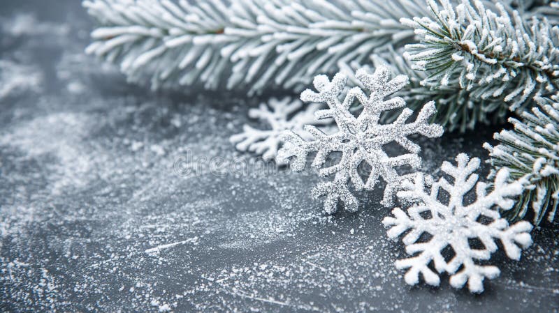 Ornate Snowflake Ornaments on Frosted Pine Branch royalty free illustration