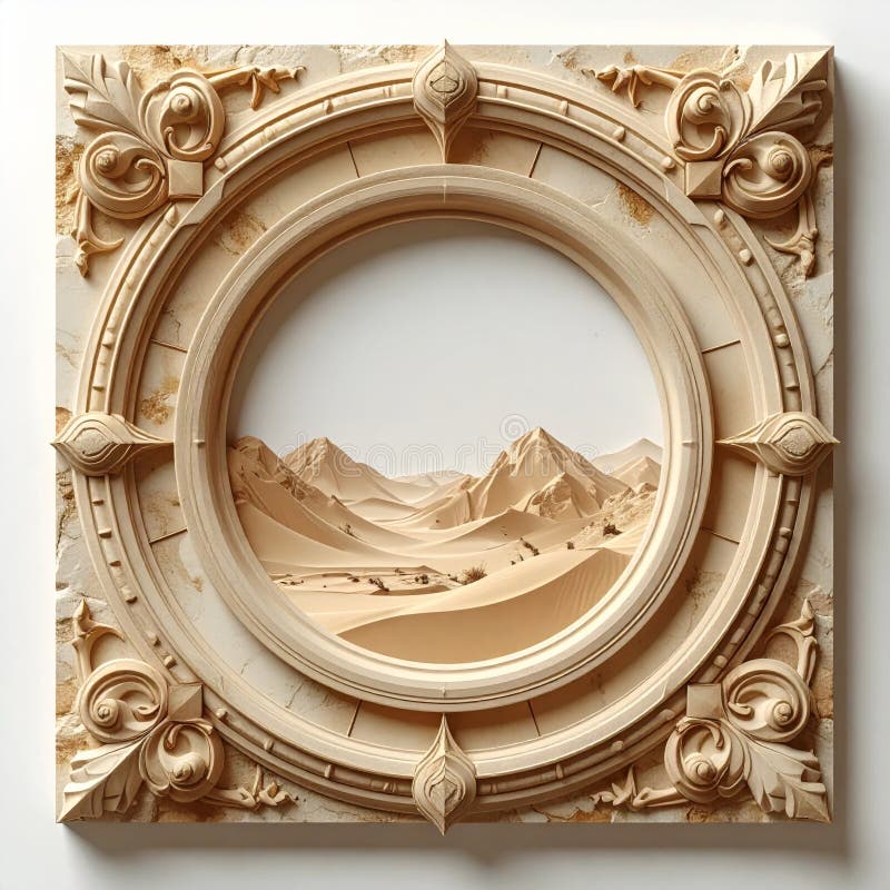 Ornate Stone Frame Surrounding Pixelated Desert Landscape with Mountain Silhouette royalty free illustration