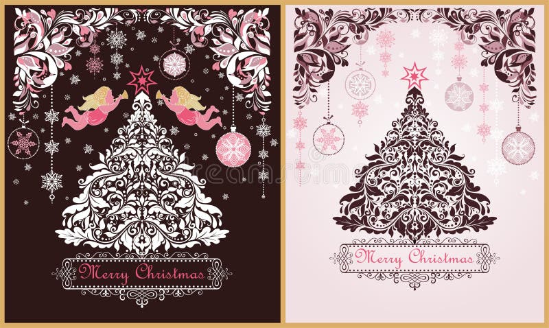 Ornate vintage sweet Christmas greeting cards variation with floral decorative paper cut out border, xmas tree, pink angels and ha