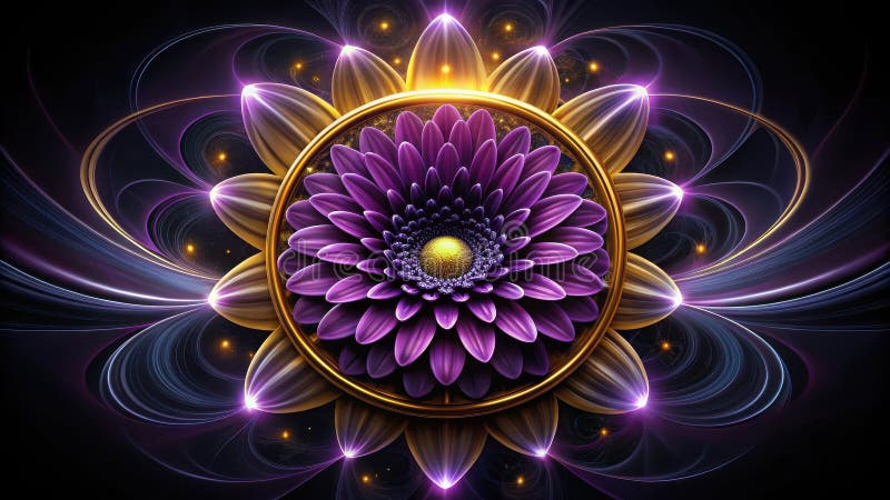 Ornate viola che fiorisce all'interno di un halo dorato circondato da cerchi cosmici che si muovono. Generative AI royalty illustrazione gratis