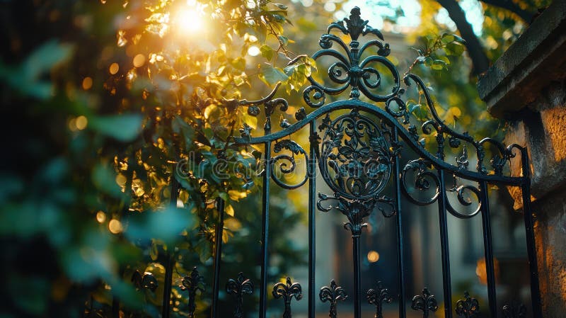 Ornate wrought iron gate surrounded by lush greenery, illuminated by warm sunlight, creating serene and elegant stock images
