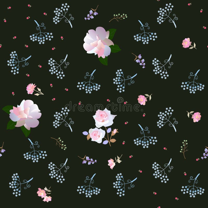 Ornement floral écervelé avec de grandes roses rose-clair et petit tulipes, parapluie et fleurs de cloche d'isolement sur le fond illustration stock Ornement floral écervelé avec de grandes roses rose-clair et petit tulipes, parapluie et fleurs de cloche d'isolement sur le fond illustration stock