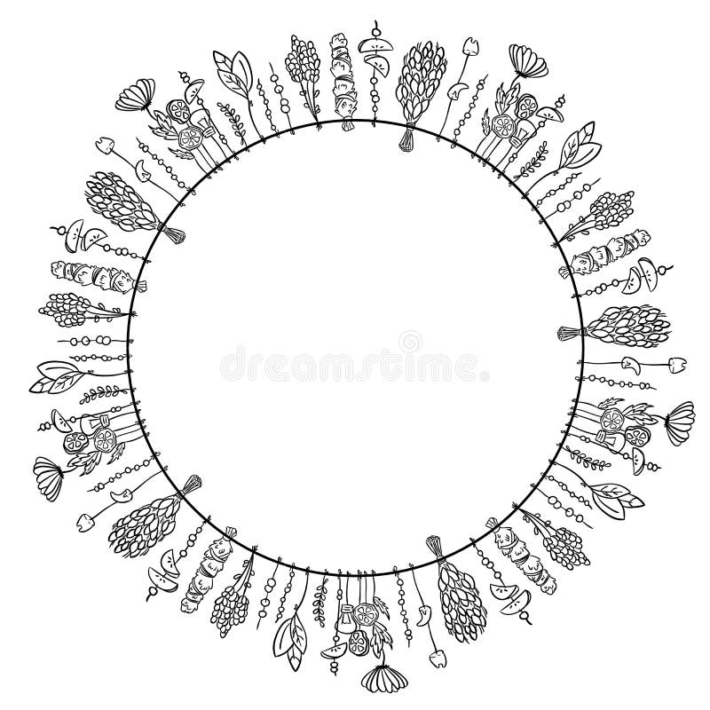 Ornement sec de cercle de boho d'herbes de sorci?re Illlustration d'isolement par vecteur illustration stock Ornement sec de cercle de boho d'herbes de sorci?re Illlustration d'isolement par vecteur illustration stock