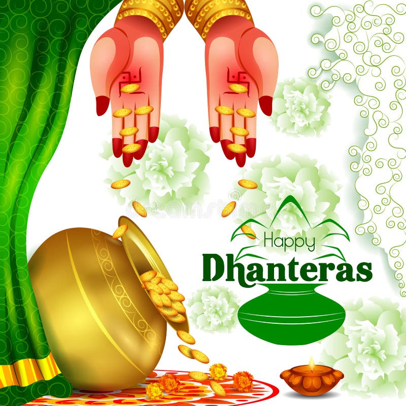 Oro Kalash con el diya adornado para la celebración feliz del día de fiesta del festival de Dhanteras Diwali del fondo de saludo libre illustration Oro Kalash con el diya adornado para la celebración feliz del día de fiesta del festival de Dhanteras Diwali del fondo de saludo libre illustration