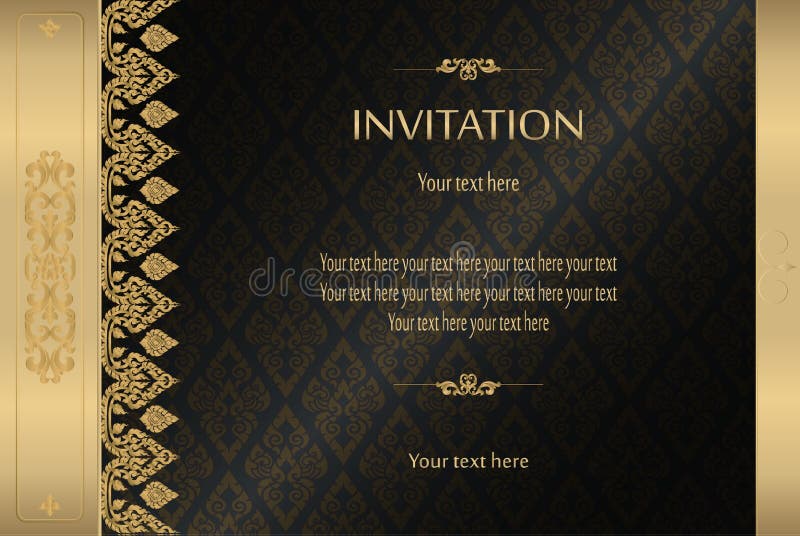 Oro tailandés en la tarjeta de lujo negra de la invitación del fondo del extracto del vector del vintage, tarjeta de felicitación libre illustration Oro tailandés en la tarjeta de lujo negra de la invitación del fondo del extracto del vector del vintage, tarjeta de felicitación libre illustration