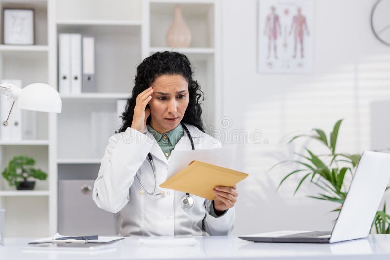 Hispanic female doctor looking concerned while examining medical documents in a bright clinic office. Professional healthcare and stress concept. Hispanic female doctor looking concerned while examining medical documents in a bright clinic office. Professional healthcare and stress concept.