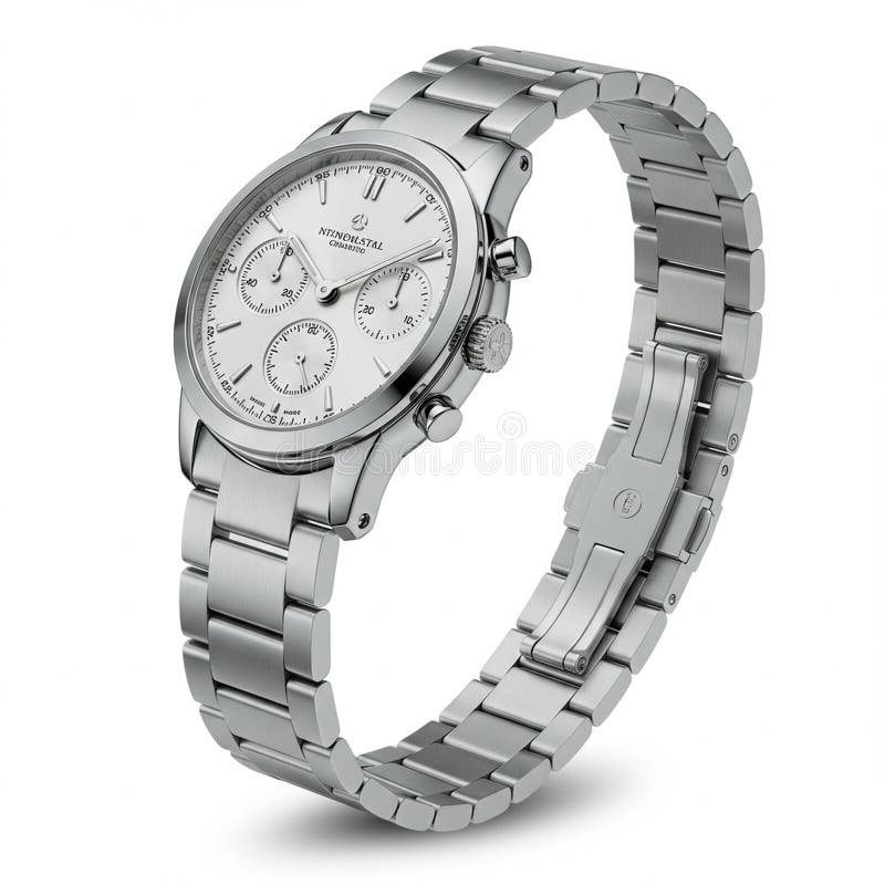 Orologi d'argento con una fascetta in acciaio inossidabile con un classico involucro rotondo e una illustrazione di stock