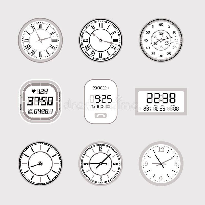 Orologi - insieme degli oggetti isolati vettore moderno illustrazione vettoriale Orologi - insieme degli oggetti isolati vettore moderno illustrazione vettoriale