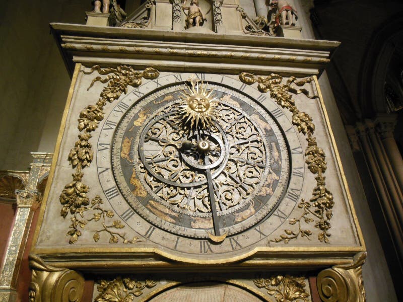 Antique astronomical zodiac clock in Saint Jean historic cathedral in Lyon France with perpetual calendar. Antique astronomical zodiac clock in Saint Jean historic cathedral in Lyon France with perpetual calendar