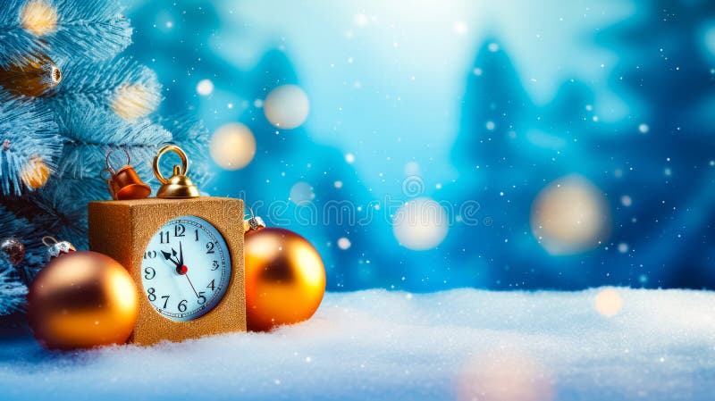 Orologio in cima al mucchio di neve accanto all'albero di natale. aie generativa royalty illustrazione gratis