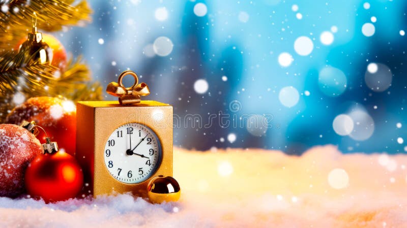 Orologio in cima al mucchio di neve accanto all'albero di natale. aie generativa royalty illustrazione gratis