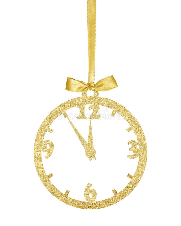 Orologio decorativo di scintillio dorato di Natale sul nastro isolato sopra fotografia stock libera da diritti Orologio decorativo di scintillio dorato di Natale sul nastro isolato sopra fotografia stock libera da diritti