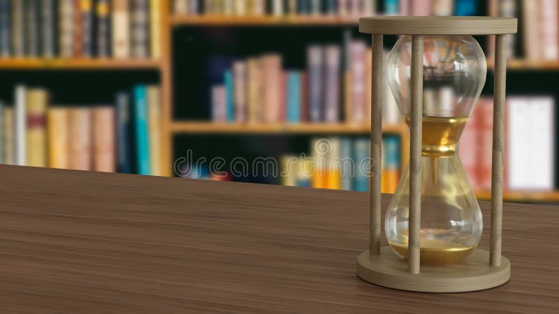 Orologio di sabbia sulla tavola di legno nell'immagine della libreria 3d rendering illustrazione di stock