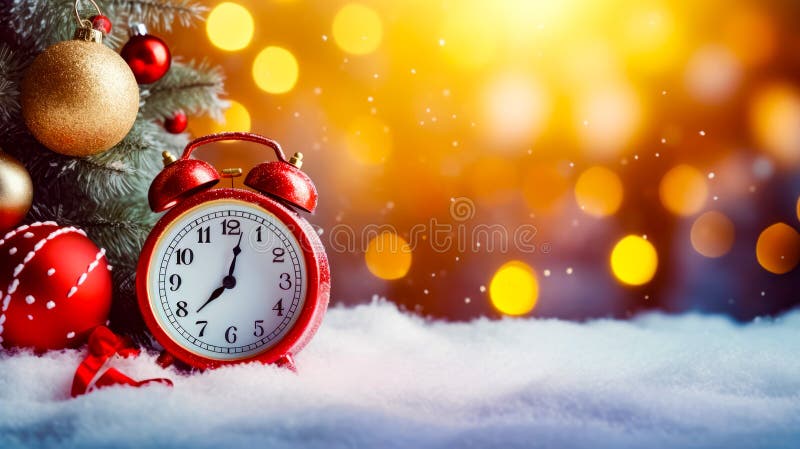 Orologio rosso in cima alla montagna di neve accanto all'albero di natale. aie generativa illustrazione di stock