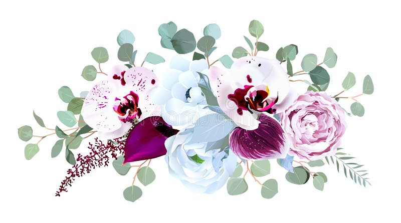 Orquídea manchada exótica, Anthurium, rosa púrpura, anémona, eucalyp stock de ilustración Orquídea manchada exótica, Anthurium, rosa púrpura, anémona, eucalyp stock de ilustración