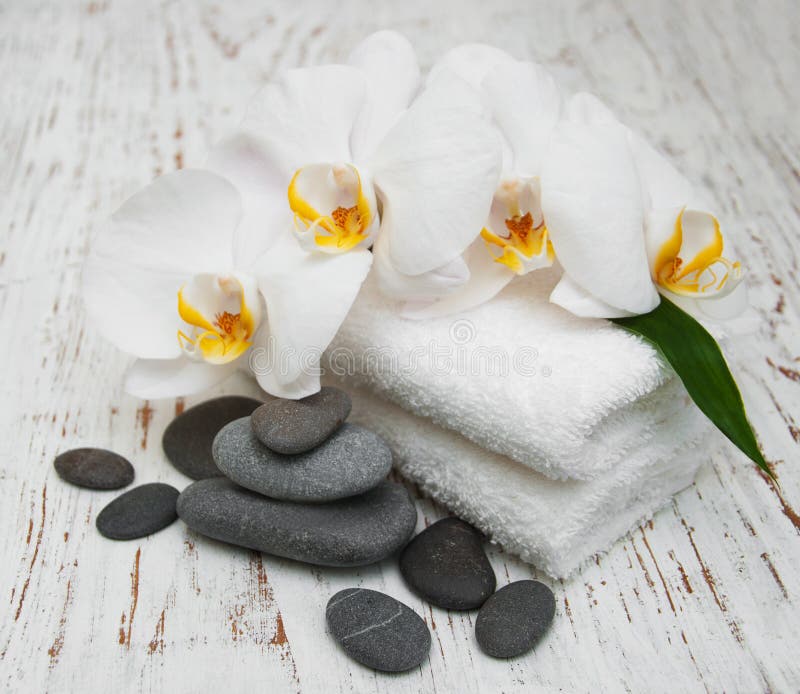Orquídeas blancas con las piedras del masaje imagenes de archivo Orquídeas blancas con las piedras del masaje imagenes de archivo