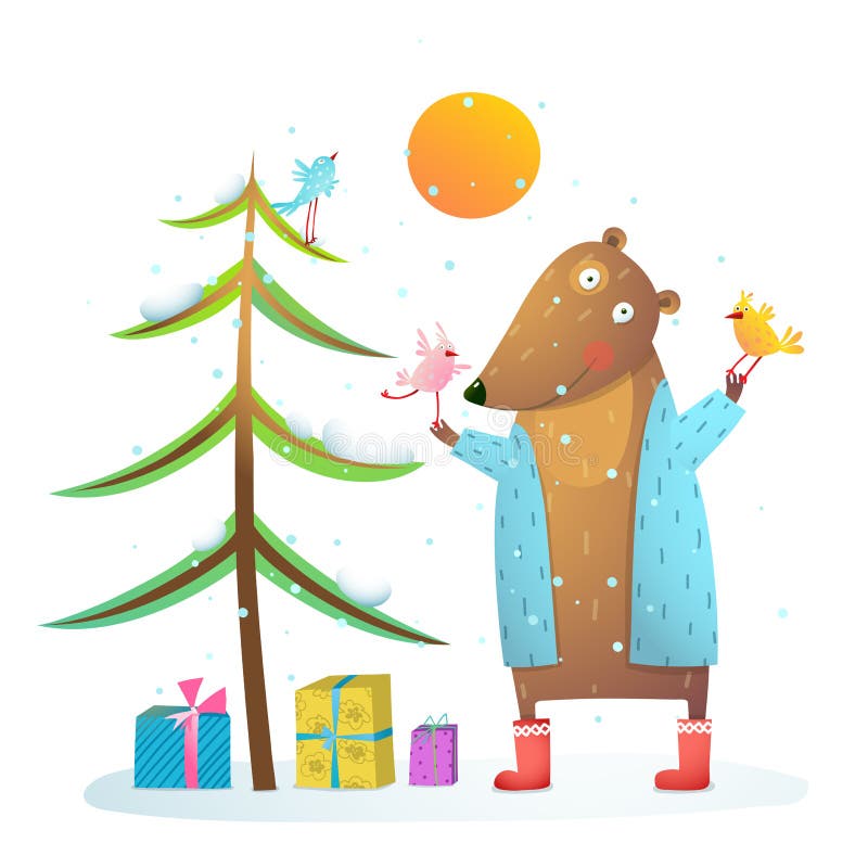 Orso bruno che porta il cappotto caldo di inverno con gli amici degli uccelli che celebrano il Natale illustrazione di stock Orso bruno che porta il cappotto caldo di inverno con gli amici degli uccelli che celebrano il Natale illustrazione di stock