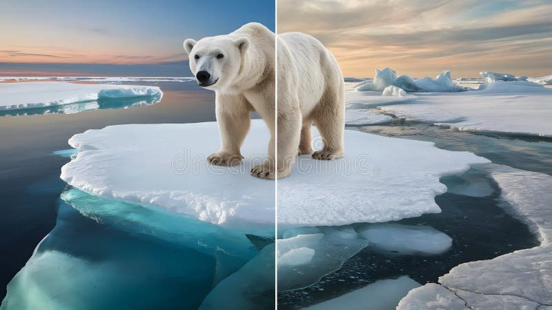 Orso polare tra ghiaccio fuso : prova visiva del riscaldamento globale. Visualizzare l'impatto del riscaldamento globale attraverso l'immagine di un orso polare su un ghiacciaio che si restringe. la scena illustra vividamente lo scioglimento degli iceberg e le più ampie conseguenze del cambiamento climatico nell'Artico.
