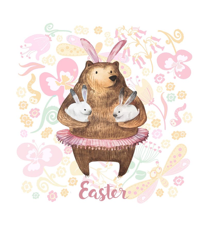 Orso sveglio che tiene due piccoli coniglietti Illustrazione disegnata a mano dell'acquerello Scheda di pasqua felice illustrazione vettoriale Orso sveglio che tiene due piccoli coniglietti Illustrazione disegnata a mano dell'acquerello Scheda di pasqua felice illustrazione vettoriale