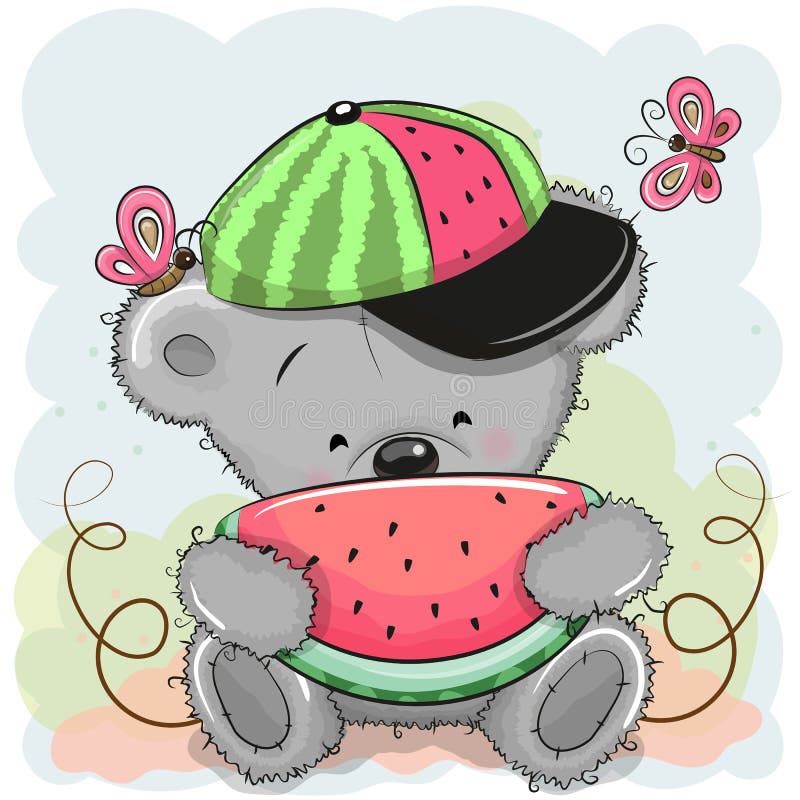 Orso sveglio del fumetto con l'anguria illustrazione di stock Orso sveglio del fumetto con l'anguria illustrazione di stock