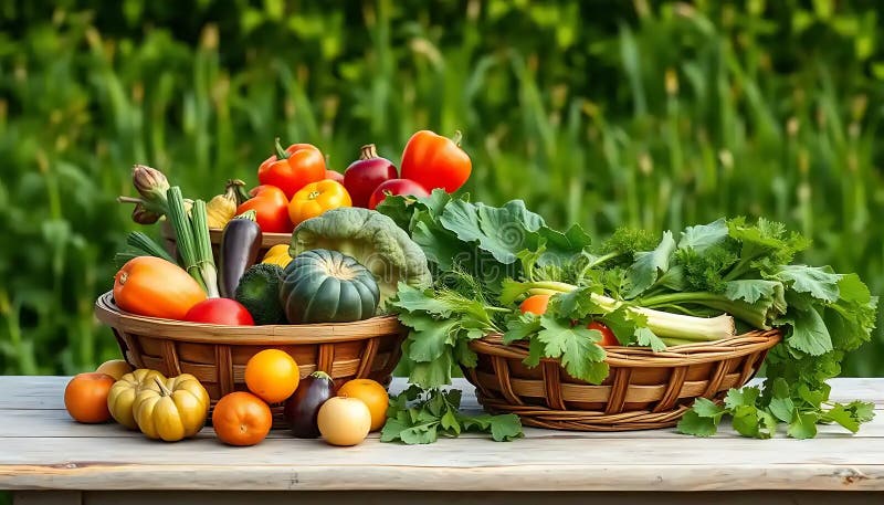 Ortaggi freschi in cestini di vimini su un tavolo. Due cestelli di vimini straripati di verdura fresca, assorbito da un assortimento di verdure fresche, seduti su un tavolo di legno su uno sfondo verde sfuocato