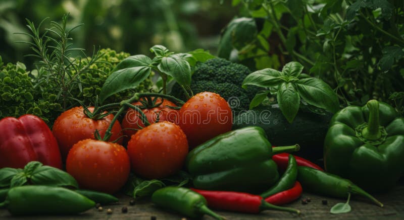 Ortaggi freschi : Pomodori, peperoni e piante aromatiche illustrazione di stock