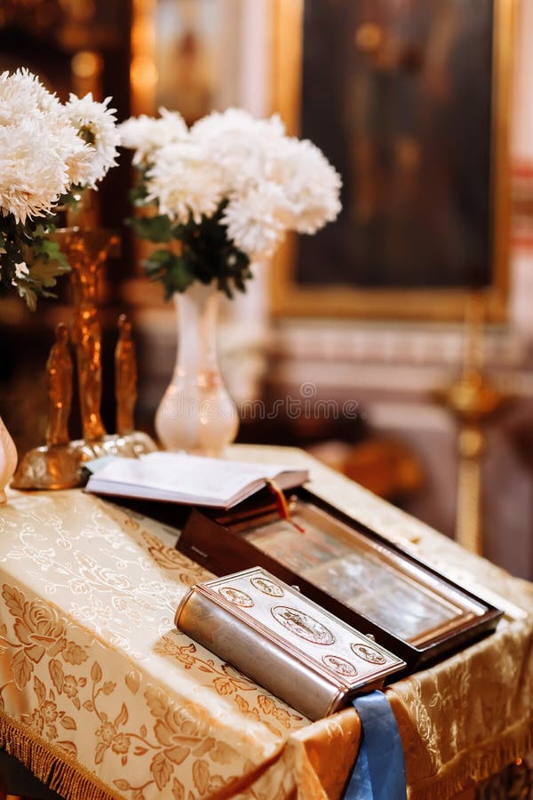 Orthodox Church Interior with Bible and Icon. Wedding Ceremony Stock