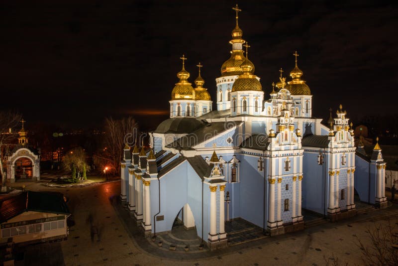 The Orthodox Church of Ukraine St. Michael&x27;s Golden-Domed Monastery at night light - Kyiv, Ukraine.