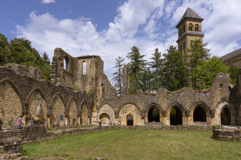 Orval Abbey, in Belgium. Ruins of the Cistercian monastery and the Gothic church. Ancient architecture