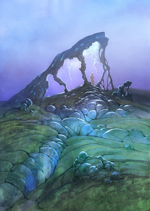 Oryginalny obraz magicznej obcej sceny krajobrazowej z ogromnym błyszczącym grzybem ilustracja wektor