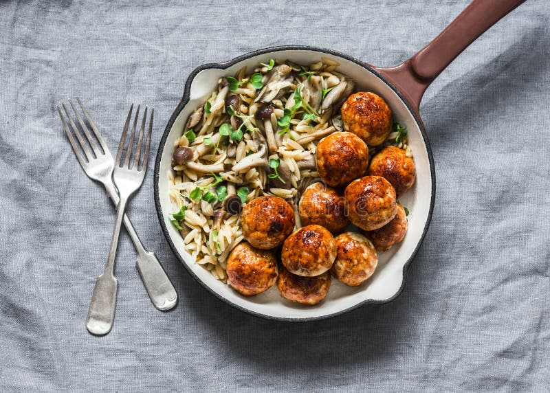 Orzo Mushrooms Pasta with Teriyaki Sauce Chicken Baked Meatballs in a