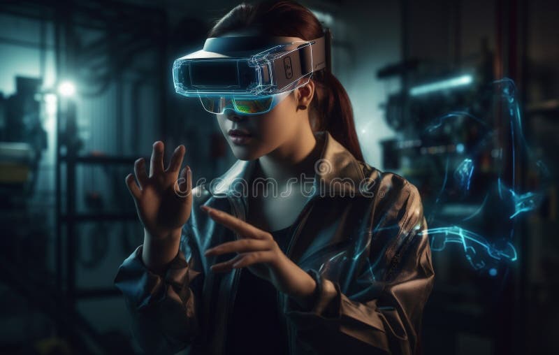 Mulher futurista com fone de ouvido vr e ai digital com as mãos