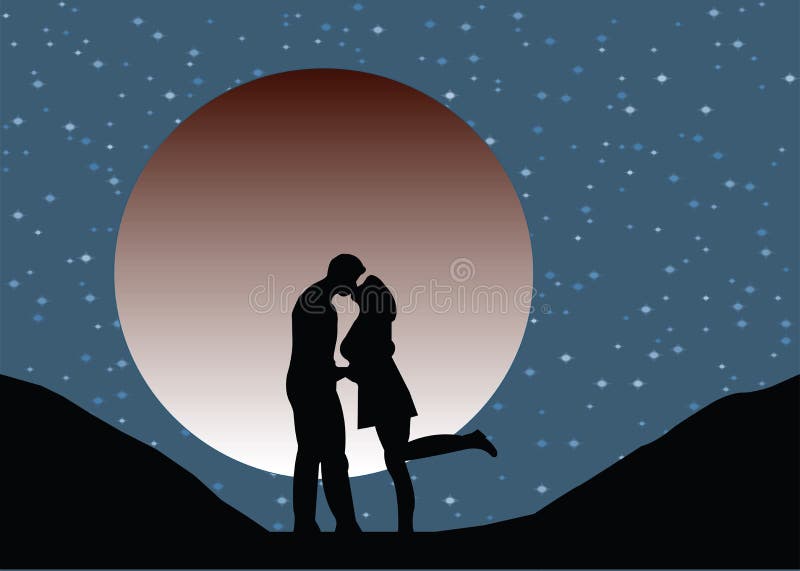 Os amantes mostram em silhueta o beijo no luar ilustração stock Os amantes mostram em silhueta o beijo no luar ilustração stock