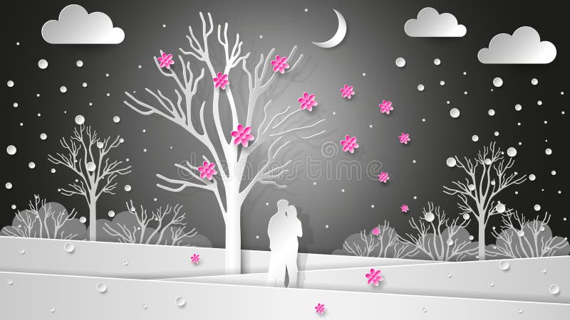 Os amantes no fundo do inverno ajardinam sob uma árvore de florescência Flores e neve do voo Natal de papel da textura, Valentin ilustração do vetor Os amantes no fundo do inverno ajardinam sob uma árvore de florescência Flores e neve do voo Natal de papel da textura, Valentin ilustração do vetor
