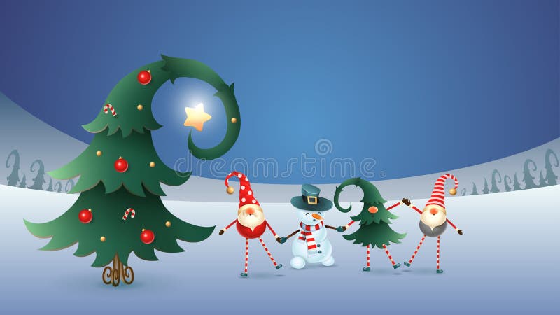 Os amigos felizes comemoram o solstício de inverno, o Natal e o ano novo Gnomos escandinavos e boneco de neve com a árvore de Nat